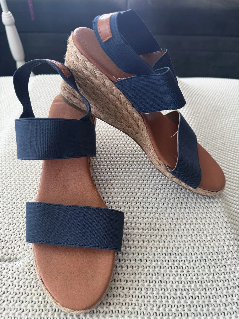 Tommy Bahama Navy Blue Espadrille Wedge Sandals Women Size 9 Stretch Strap